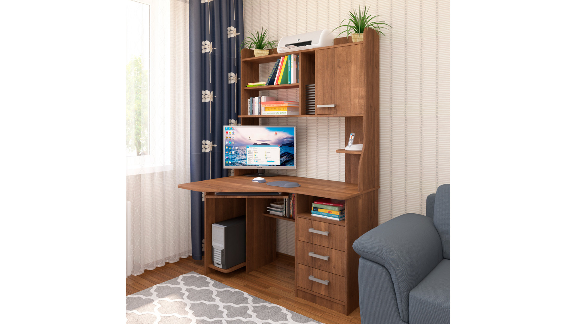 стол компьютерный большой с надстройкой и шкафчиками и ящиками